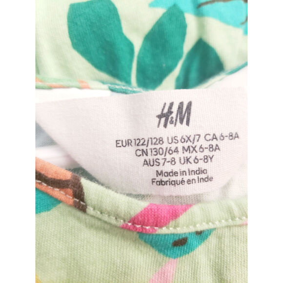 H&M Girls 6X-7 Drop Waist Green Tropical 100% Cotton Sundress - Picture 2 of 2
